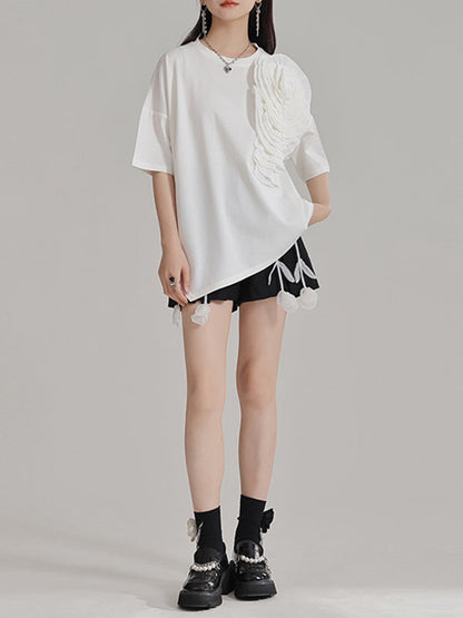 Loose Short Sleeves Asymmetric Solid Color Three-Dimensional Flower Round-Neck T-Shirts Tops