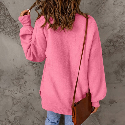 Loose Round Neck Lantern Sleeve Solid Color Sweater
