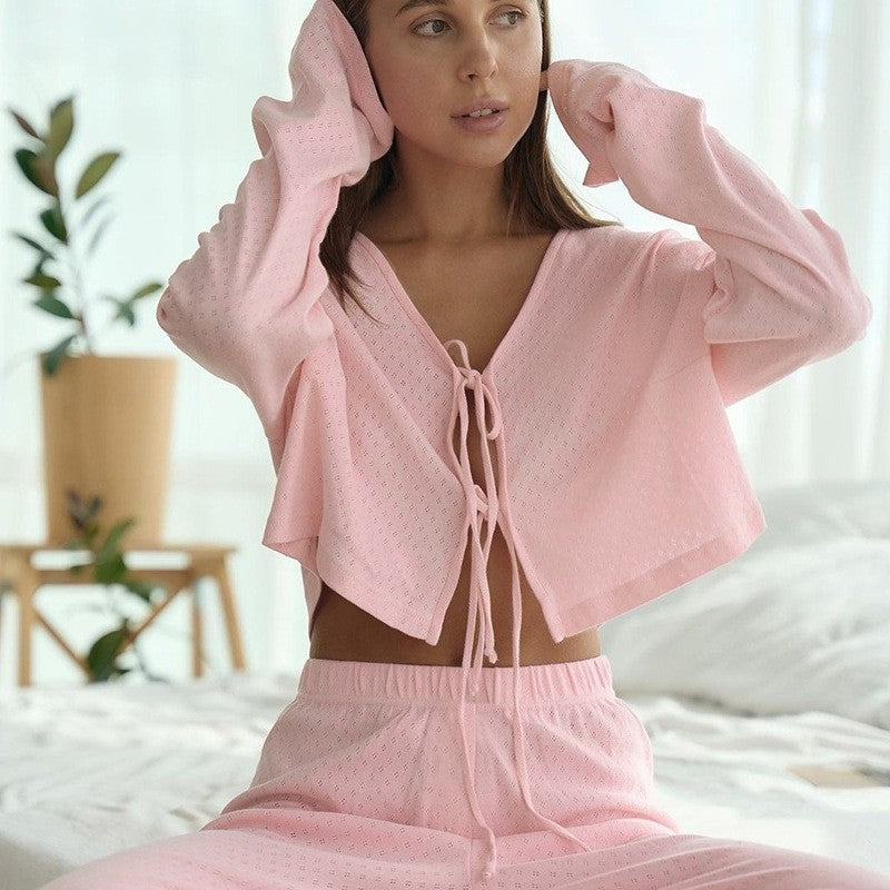 Solid Color Knit Jacquard Long Sleeve Long Pants Lounge Set
