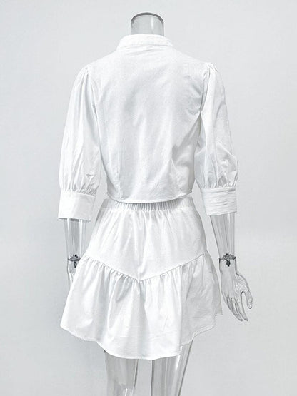 Half Sleeves Loose Buttoned Pleated Solid Color Split-Joint Stand Collar Blouses Top +  Skirts Bottom Two Pieces Set