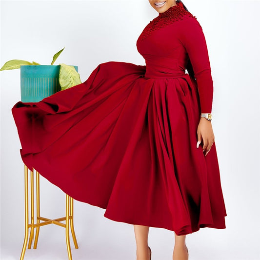 Chic High Neck Beaded Waist Ball Gown Dress for a Flattering Silhouette