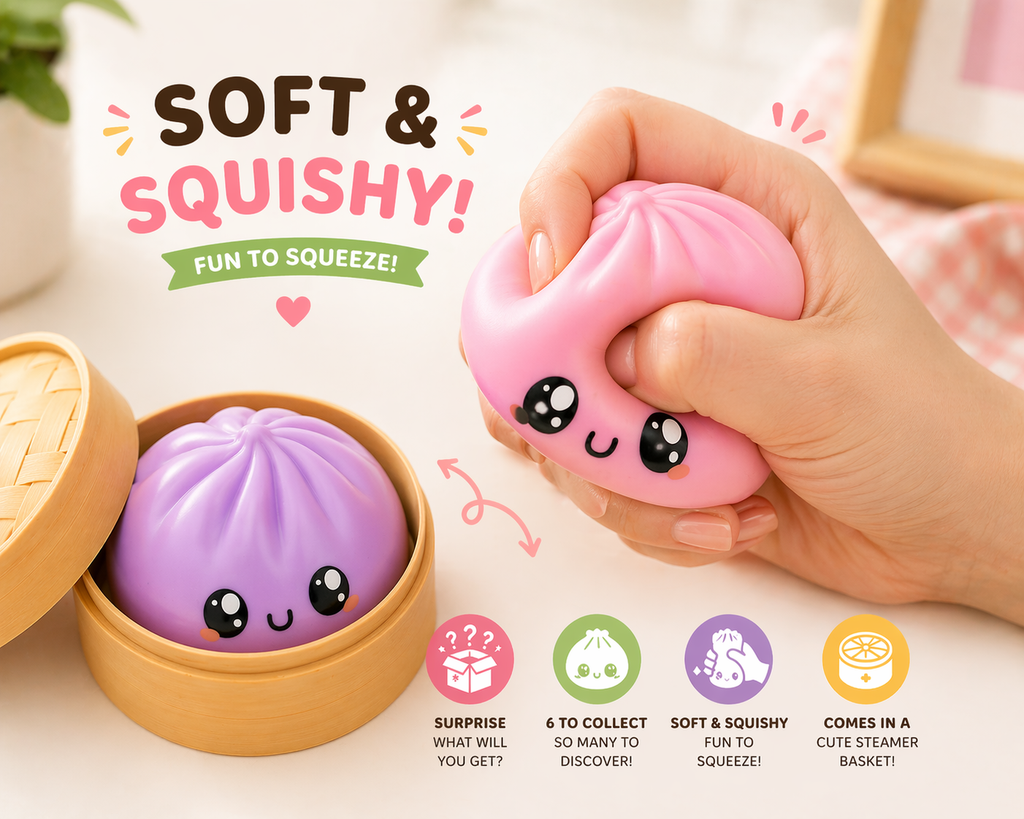 Squishy Dumpling Toys Mystery 2-Pack – Stress Relief Squeeze with Bamboo Steamer Basket, Random Colors Surprise Gift for Kids & Adults