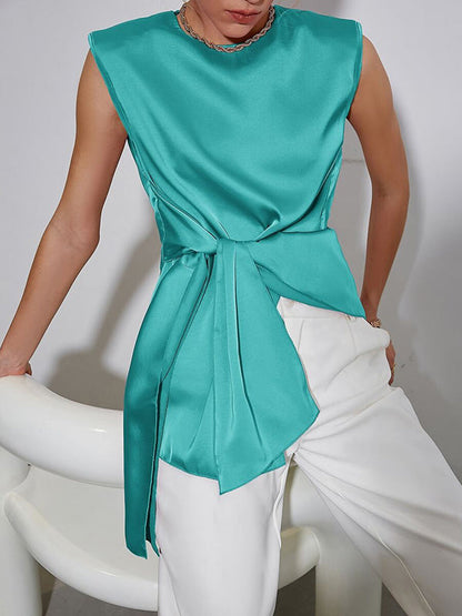 Loose Sleeveless Asymmetric Knot Solid Color Round-neck Vest Top