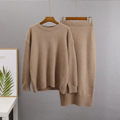 Solid Color Long Sleeve Crewneck Sweater and Skirt Set