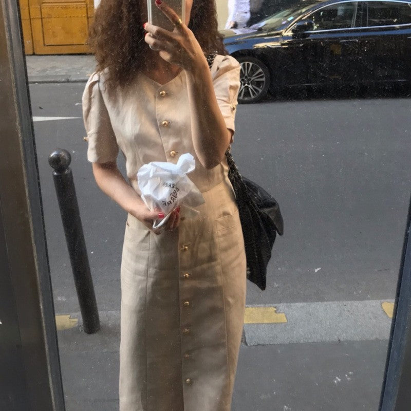 Solid Color Elegant Linen Dress with Slim Waist Fit