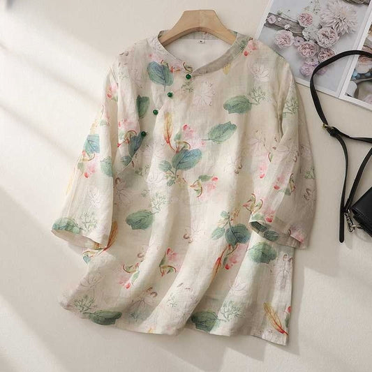 Printed Linen Shirt with Chinese-Inspired Stand-Up Collar
