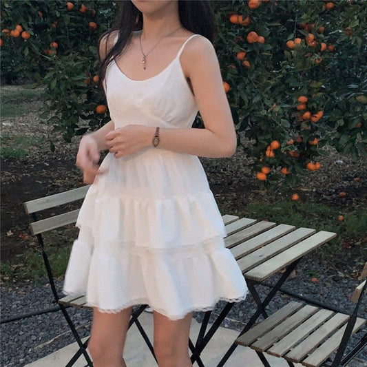 Halter Neck Lace Trim Sleeveless Solid Color Dress