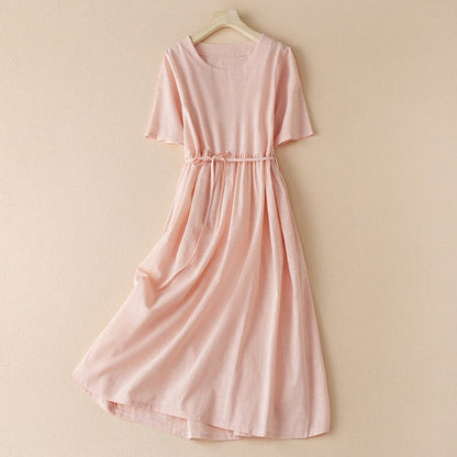 Women's  Cotton & Hemp Lace-Up Solid Color  Midi Dress