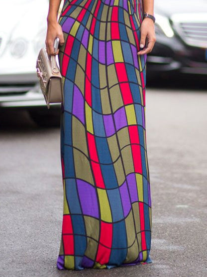 Skinny Sleeveless Contrast Color Plaid Printed High Neck Maxi Dresses