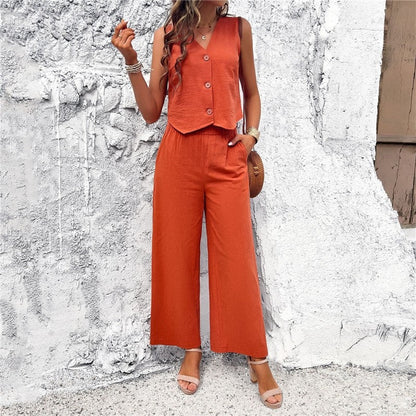 Stylish Sleeveless Vest Set with Solid Color Design for Casual Wear
