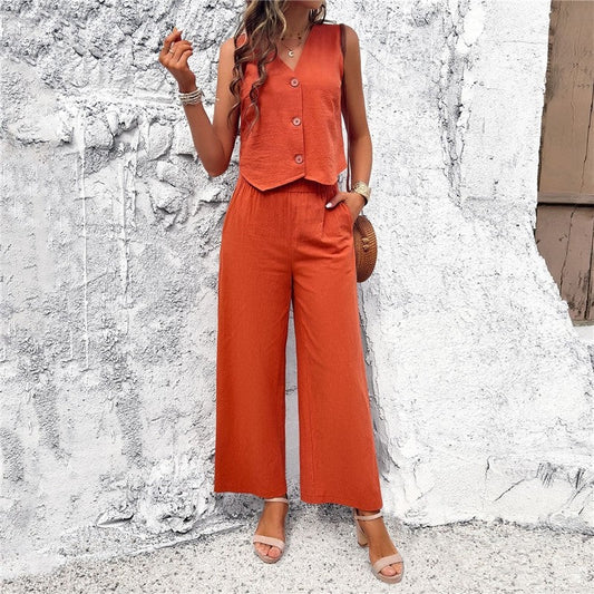 Stylish Sleeveless Vest Set with Solid Color Design for Casual Wear