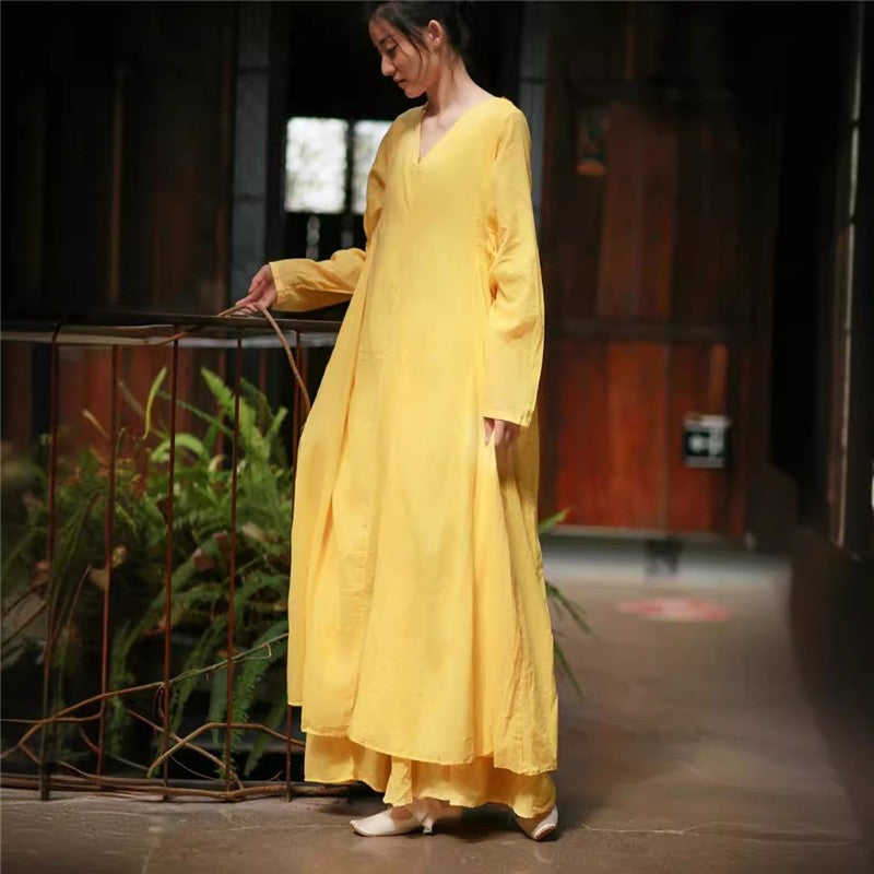 Two-Layered Long Sleeve Solid Color Dress
