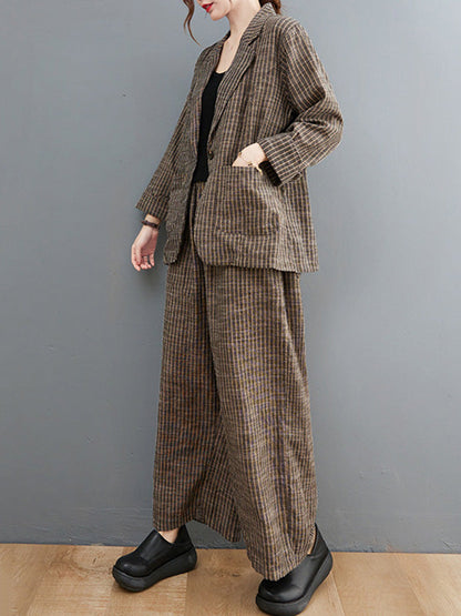 Vintage Ramie Cotton Notched Collar One Button Suits+Column Pants 2 Pieces Set