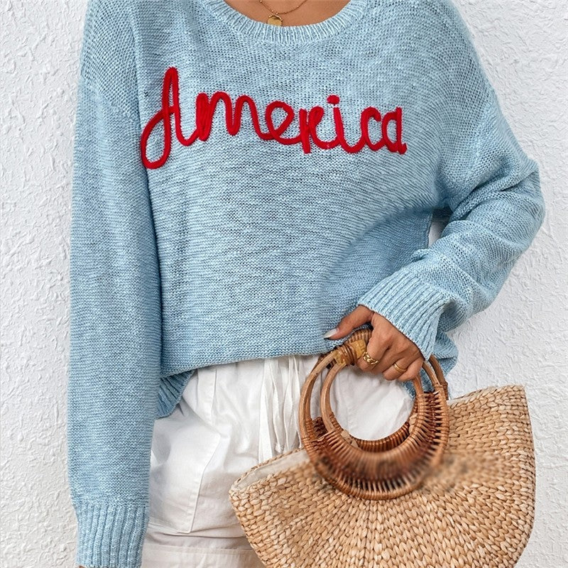 Long Sleeve Crewneck AMERICA Letters Casual Loose Knitted Sweater
