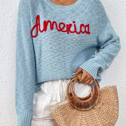 Long Sleeve Crewneck AMERICA Letters Casual Loose Knitted Sweater