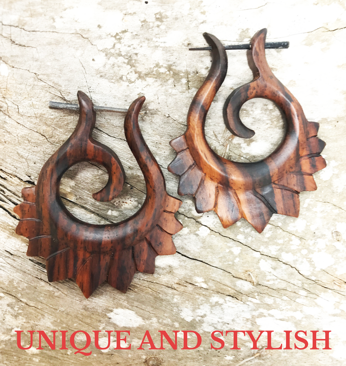 Tribal Spiral Wooden Earrings Hawaiian Boho Natural Wood Statement Jewelry