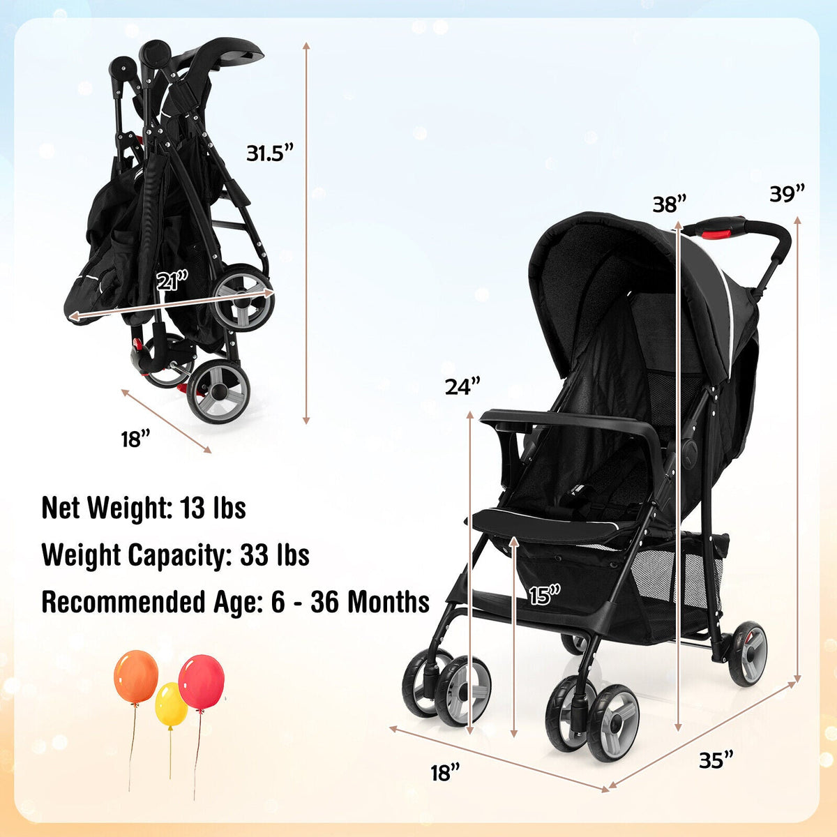 Toddler Travel Stroller for Airplane with Canopy and Adjustable Backrest