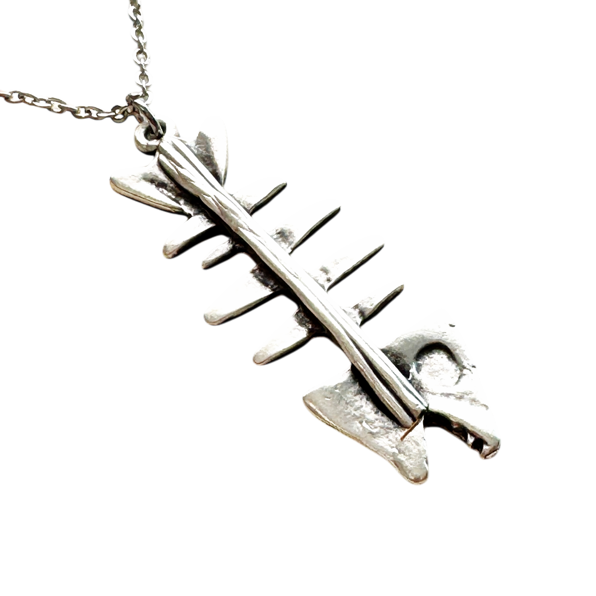 Vintage Fish Bone Necklace Silver Skeleton Pendant Quirky Jewelry