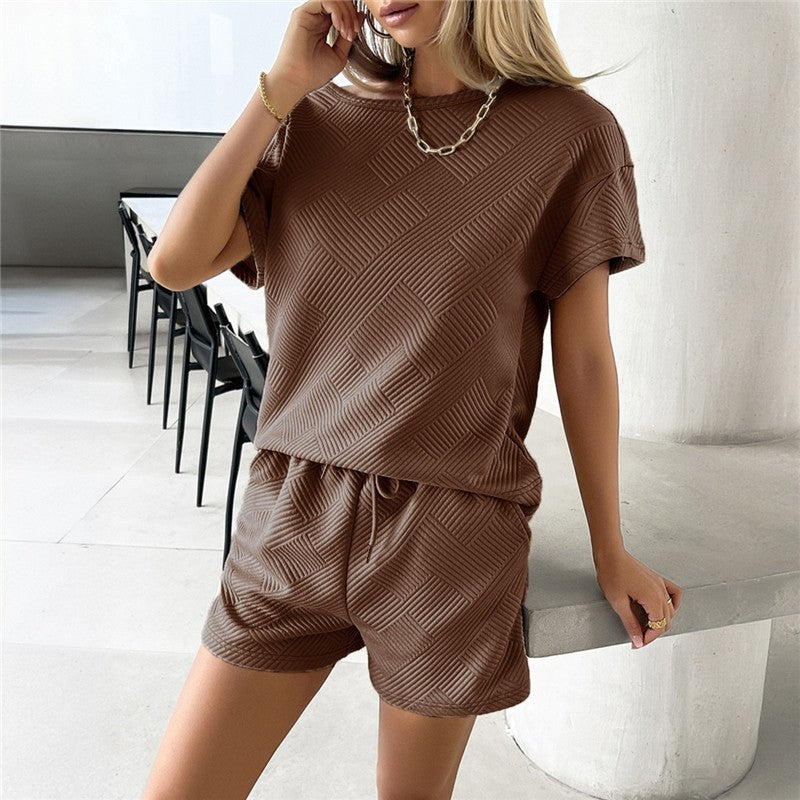 Knit Casual Round Neck Top and Shorts Ensemble