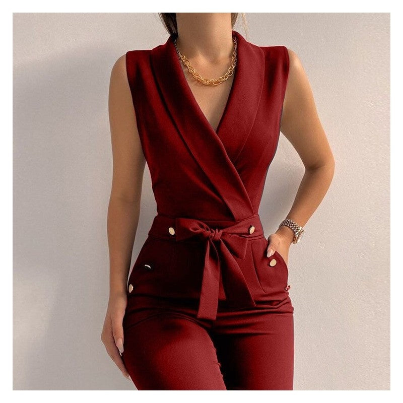 Solid Color V-Neck Sleeveless Jumpsuit - Professional Chic