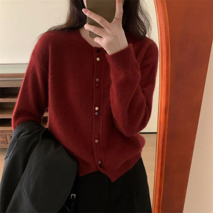 Solid Color Long Sleeve Crewneck Buttoned Short Cardigan Sweater