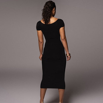Ribbed Maxi Dress in Solid Color and Slim Fit