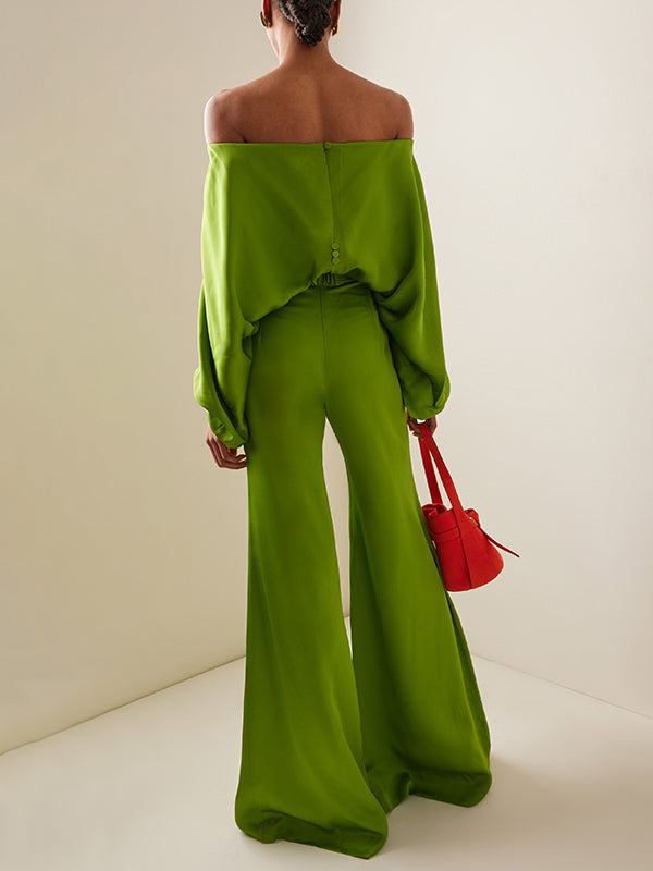 Solid Color Batwing Sleeves Off-The-Shoulder Blouse with Split Detail