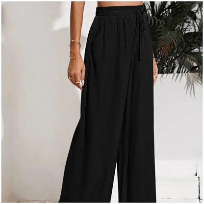 Elevated Solid Color High-Waisted Tie-Up Wide-Leg Trousers