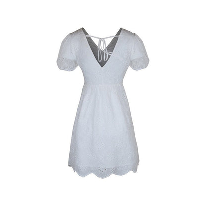 Stylish V-Neck Bubble Sleeve White Dress