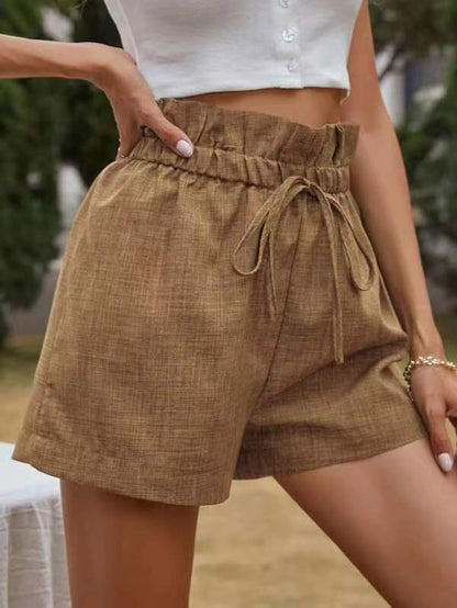 High Waisted Loose Drawstring Elasticity Pleated Solid Color Shorts Bottoms
