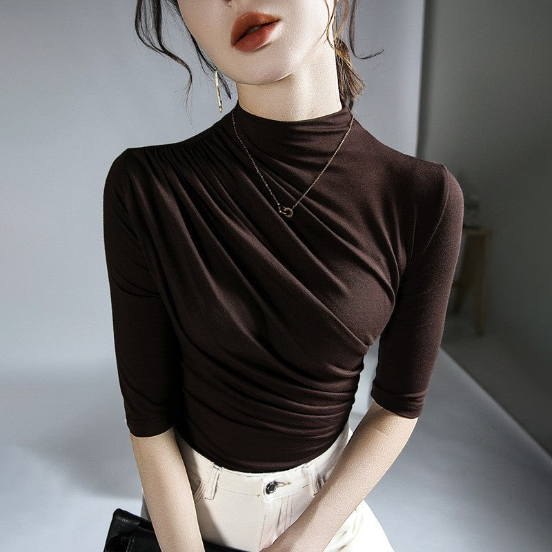 Solid Color Half Turtleneck Half Sleeve Pleats Tshirts
