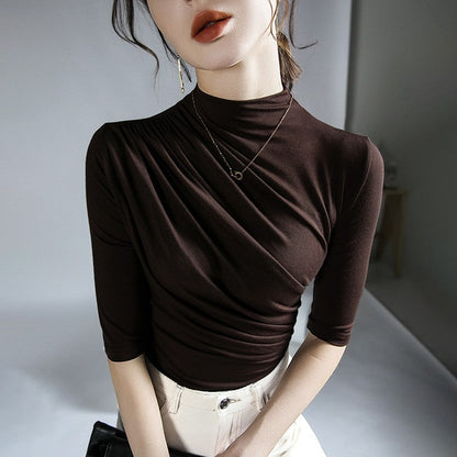 Solid Color Half Turtleneck Half Sleeve Pleats Tshirts