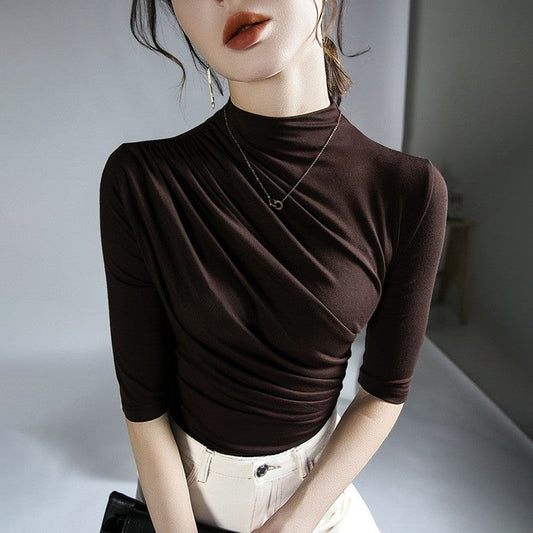 Solid Color Half Turtleneck Half Sleeve Pleats Tshirts