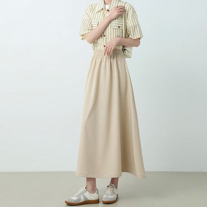 Solid Color Elastic Waist A-Line Skirt with Flared Hem