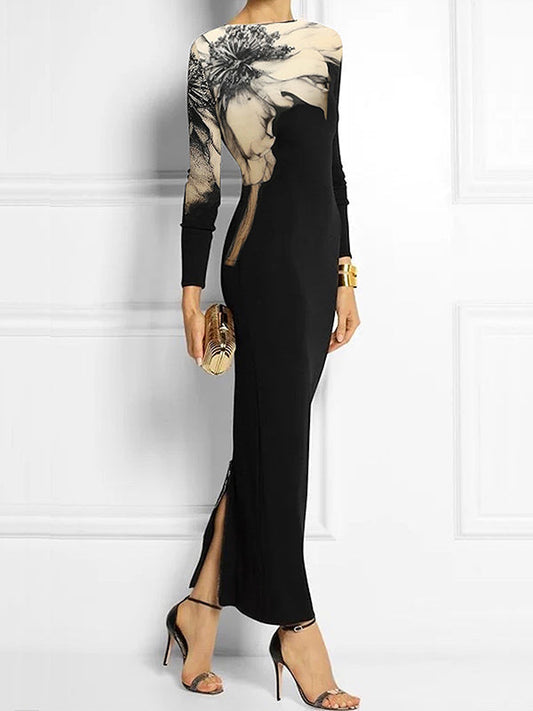 Floral Print Boat Neck Maxi Dress with Long Sleeves