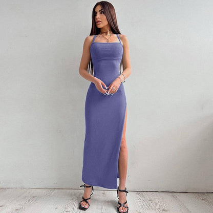 Solid Color Backless Halter Dress with High Split