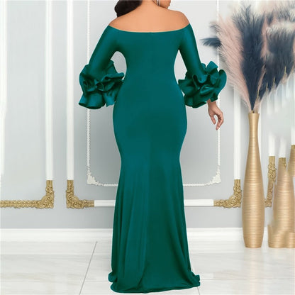 One-Shoulder Solid Color Evening Dress with Slit and Ruffle Sleeve