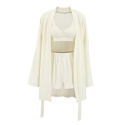 Waffle Pattern Bralette, Waist-Tied Cardigan, and Shorts Set - Cozy Loungewear