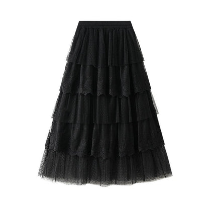 Layered Lace Patchwork A-Line Skirt in Solid Color