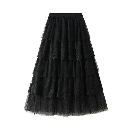 Layered Lace Patchwork A-Line Skirt in Solid Color