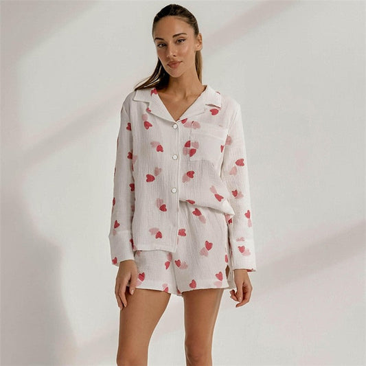 Heart Print Long Sleeve Shorts Pajama Set