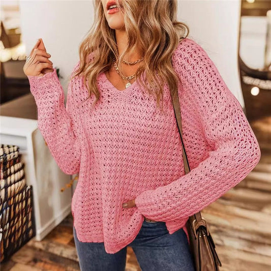 Solid Color Hollow Out Long Sleeve Sweater