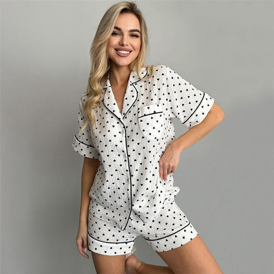 Heart Print Short Sleeve Pajama Set for Women - Breathable Fabric