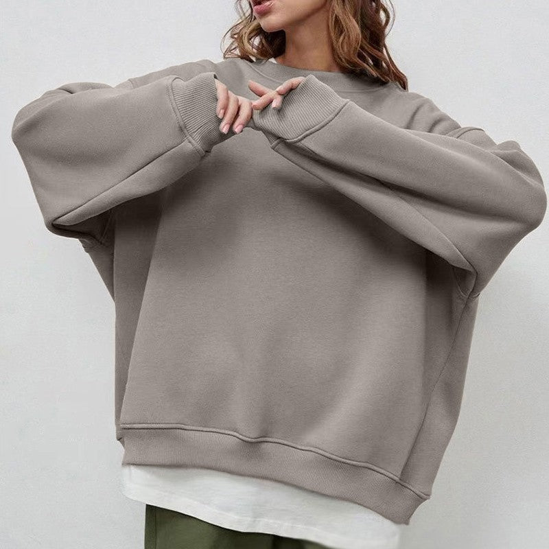Casual Loose Fit Solid Color Crewneck Cotton  Sweatshirt
