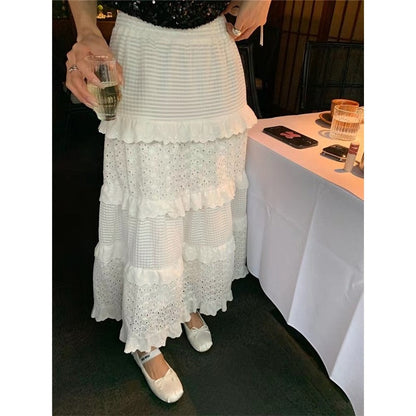 A-Line Lace Patchwork Skirt with Elastic Waist in Solid Color