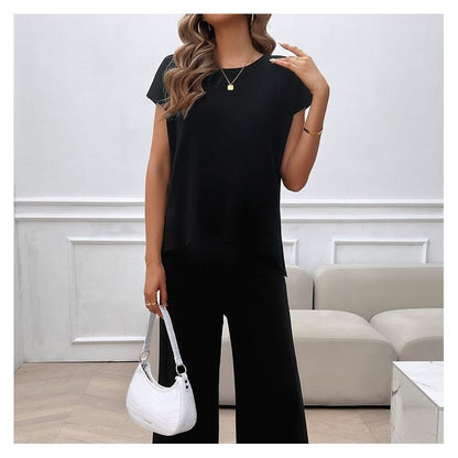 Solid Color Casual Knit Short Sleeve Sweater and Trouser Set