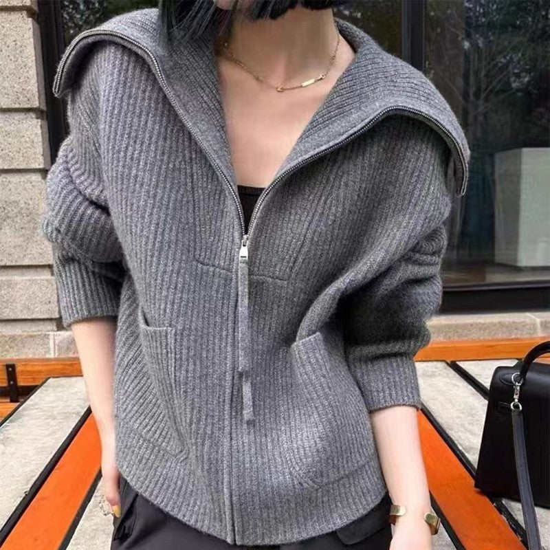 Solid Color Long Sleeve Hooded Pockets Zipper Cardigan Sweater