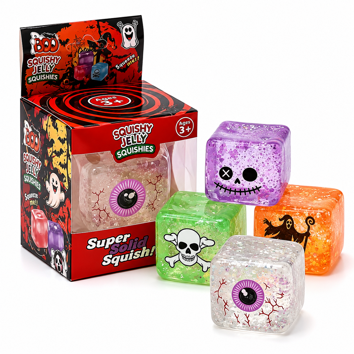 Halloween Squishy Jelly Cube 2-Pack Mystery Set – Glitter-Filled Slow-Rising Stress Relief Fidget Cubes | 4 Spooky Designs | 1.5" | Party Favors & Gifts