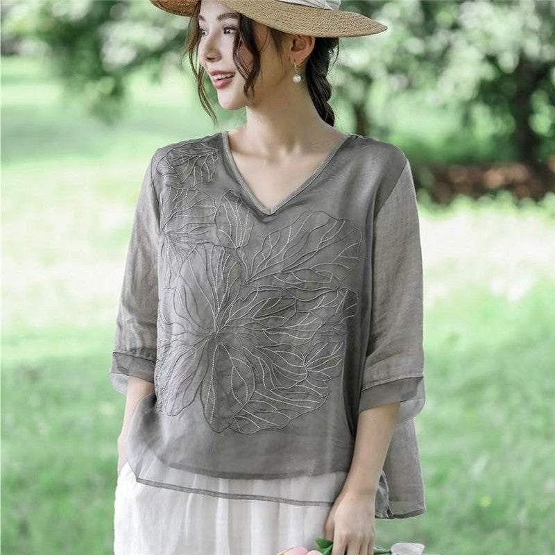 Stylish V-Neck Double Layer Embroidered Loose Blouse