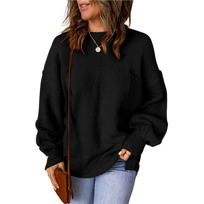 Loose Round Neck Lantern Sleeve Solid Color Sweater